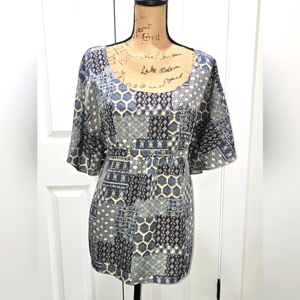 New York & Co Blue-Gray Boho Patchwork Print Blouse -- Size XL